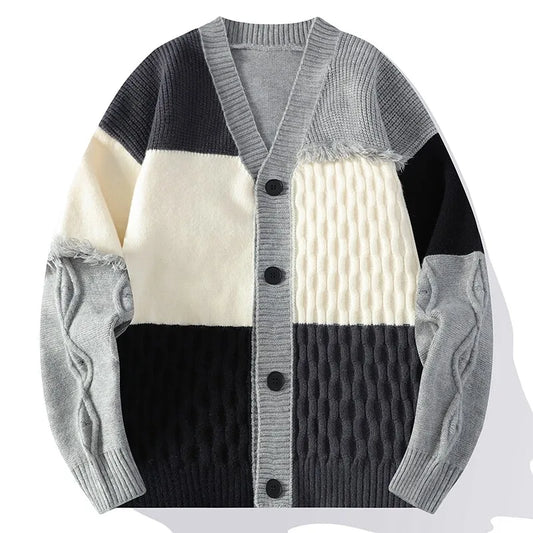 Men's Patchwork Knit Cardigan Sweater - Casual Loose Sweatercoat Jacket