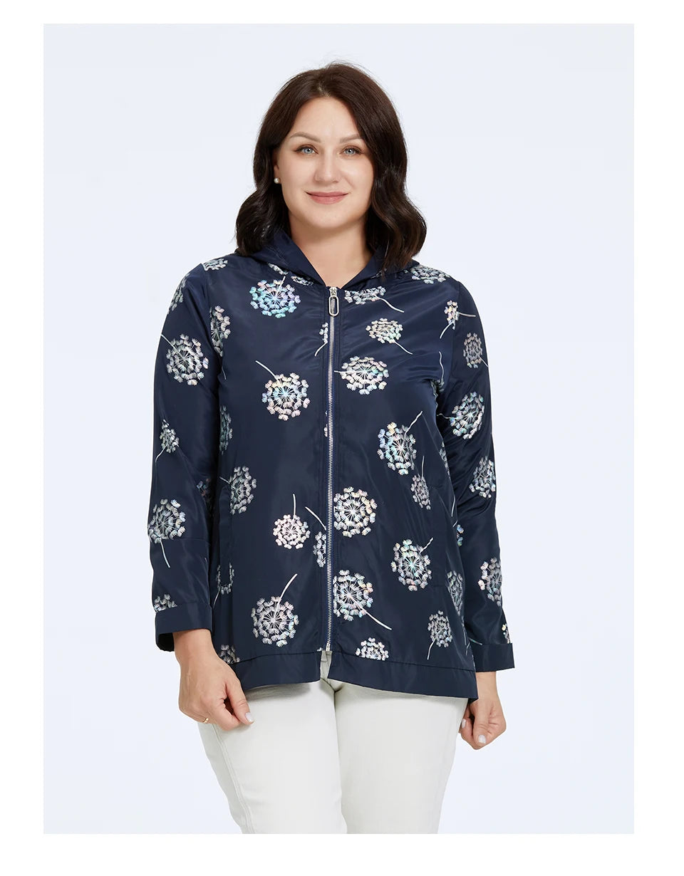 Women's Oversized Hooded Flower Print Zip Windbreaker Jacket