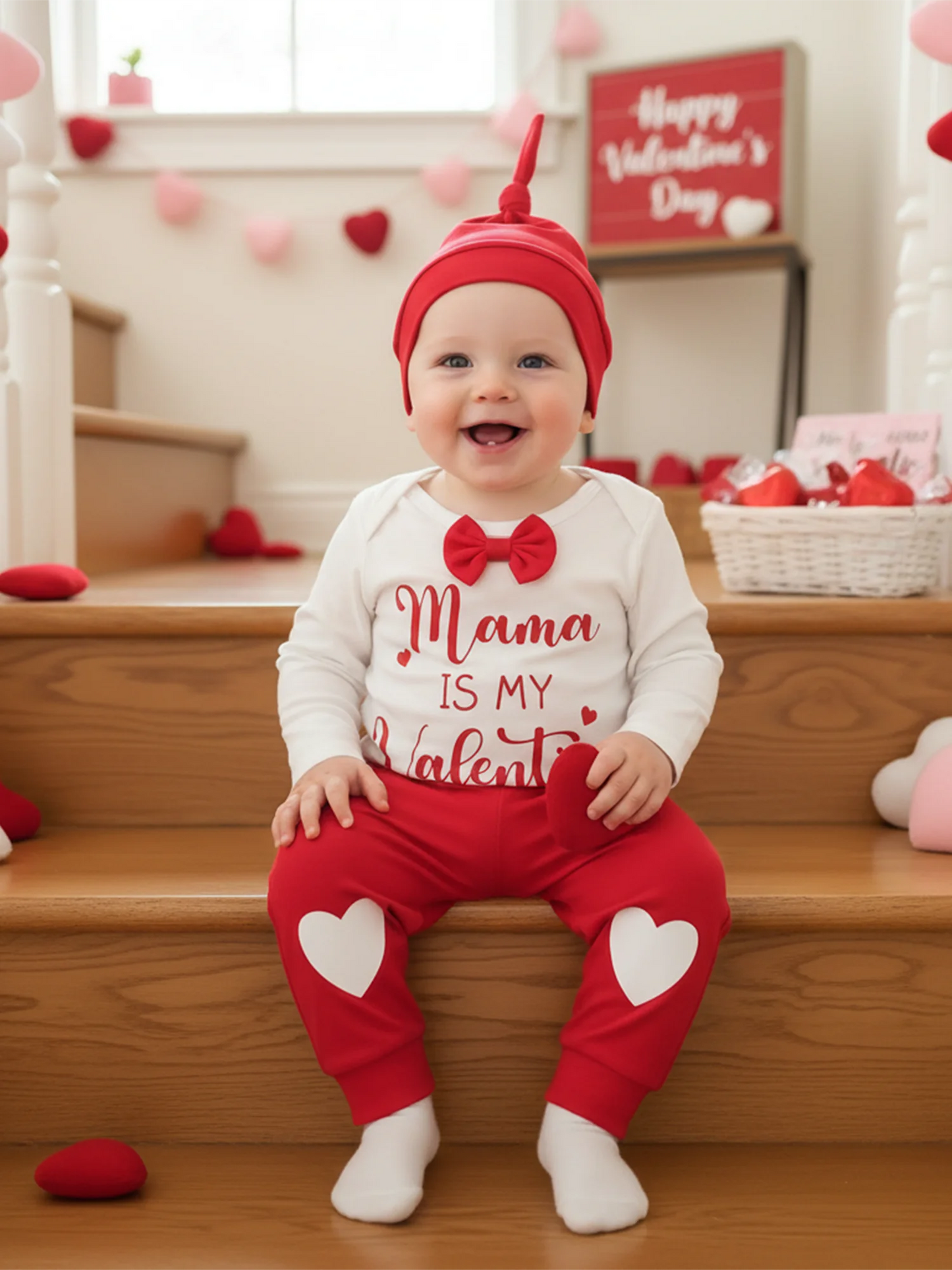 Valentine's Day Baby Boy 3-Piece Outfit Set - Heart Print Romper, Pants & Hat