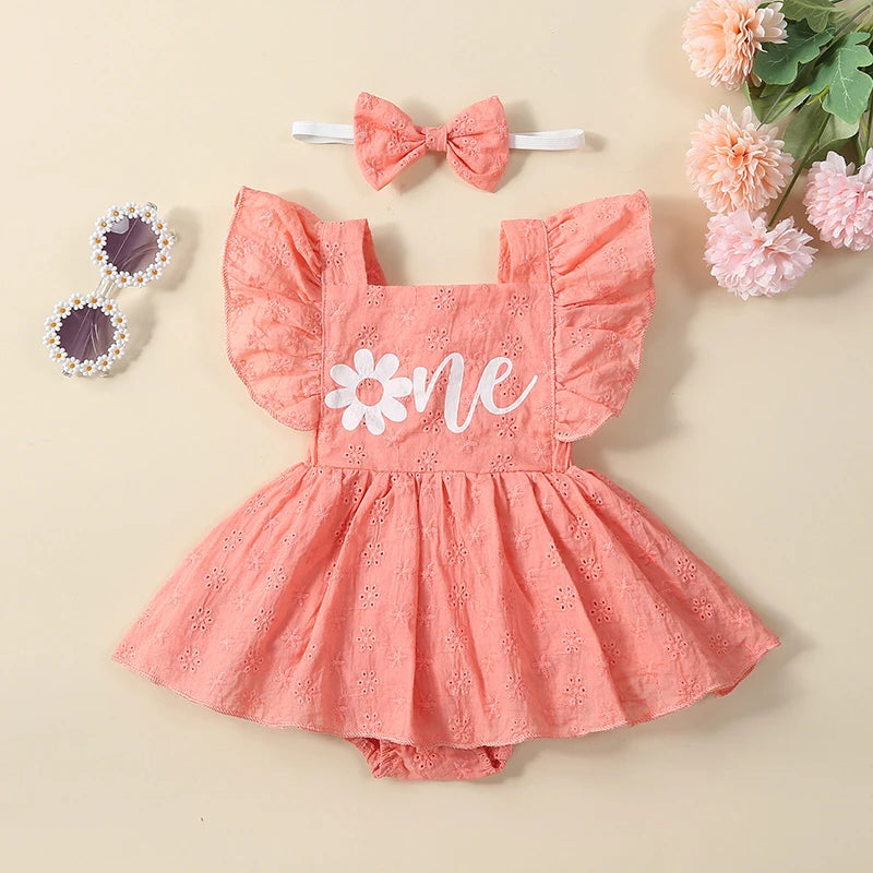 0-18M Infant Baby Girl  Romper 2pcs Flower Letter Print Flying Sleeve Birthday Jumpsuits and  Bow Headband