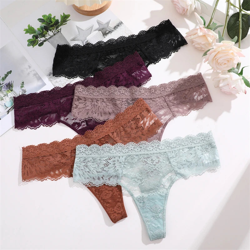 3Pcs Women's Lace Hollow Out Underwear Floral Print Panties Low-Waist Thong Breathable G-string Lingerie