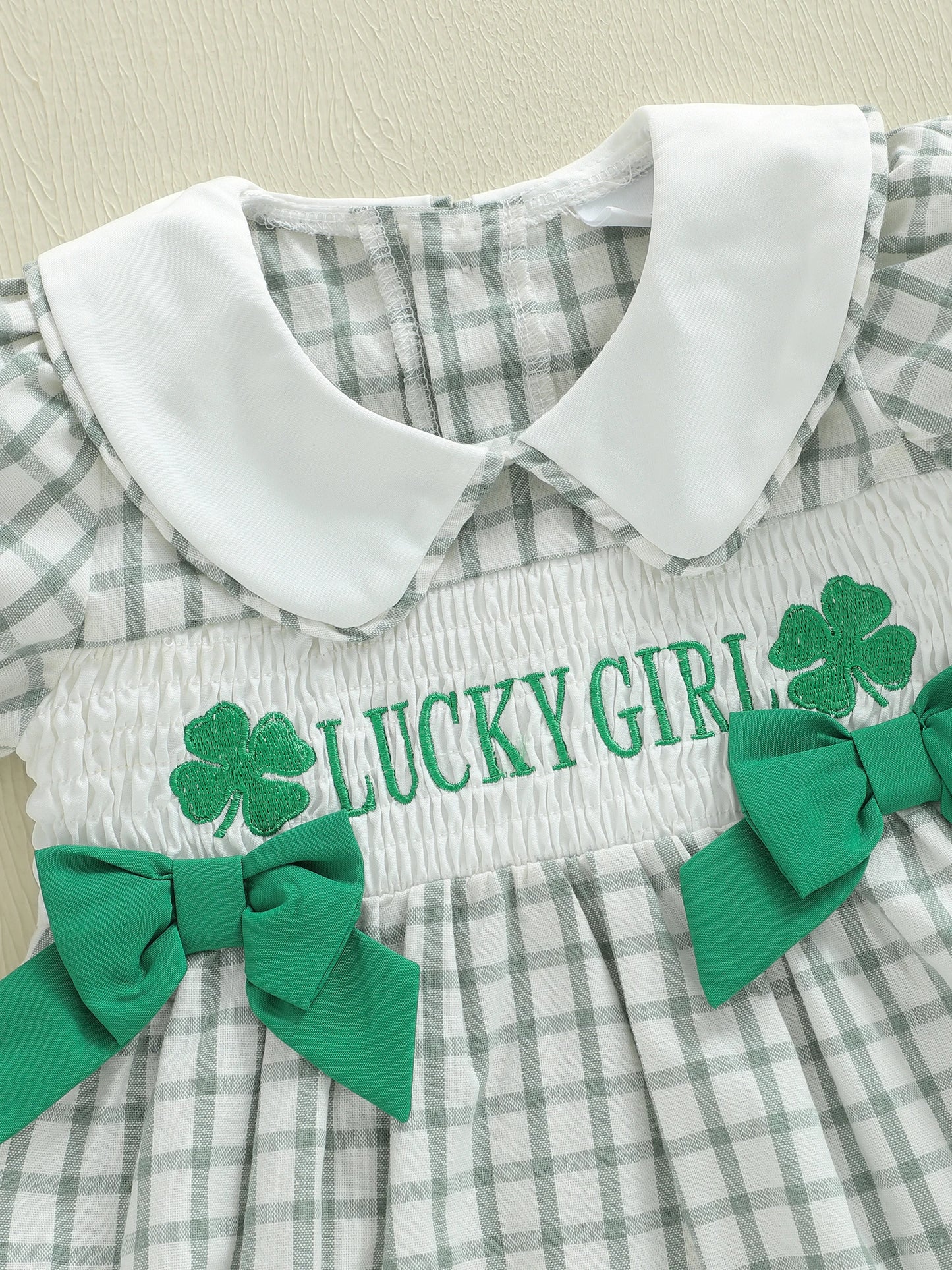 Newborn Baby Girls Boys Irish Plaid Clover Embroidered Short Sleeve Doll Collar Romper