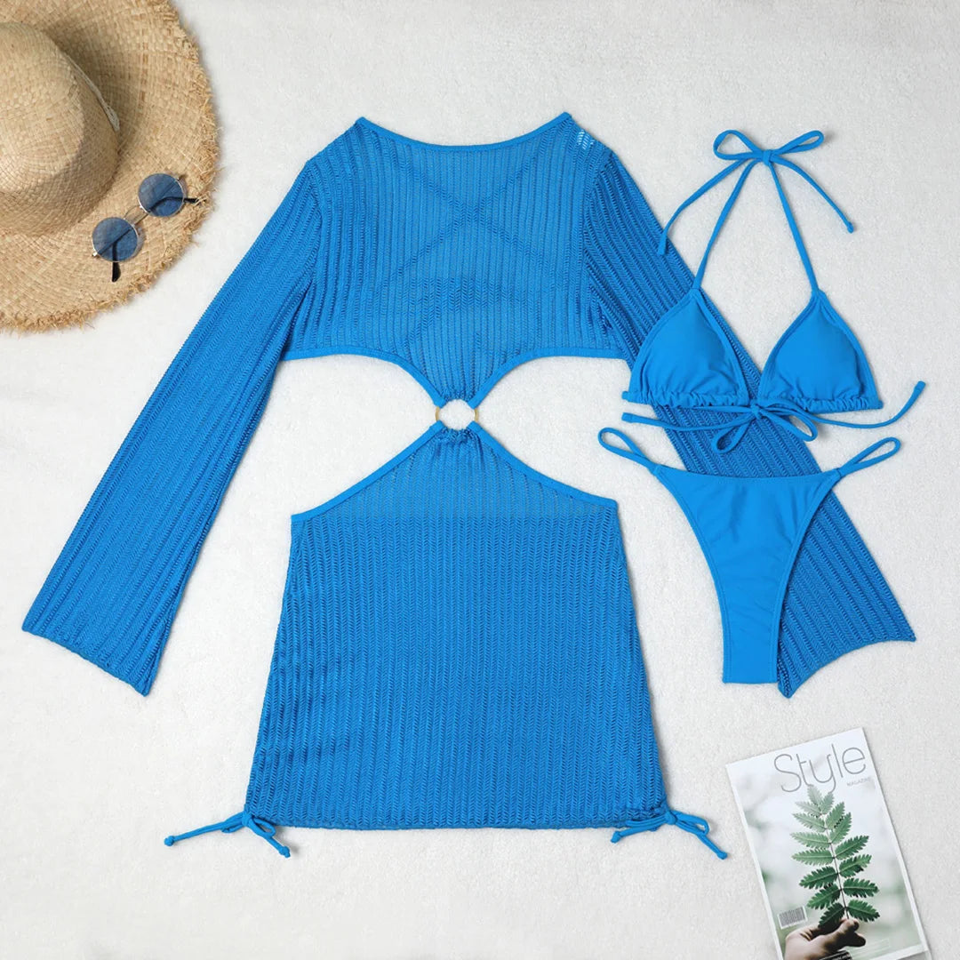Women's Halter Bikini Set with Long Sleeve Cover-Up | Three-Piece Wire-Free Padded Swimwear
