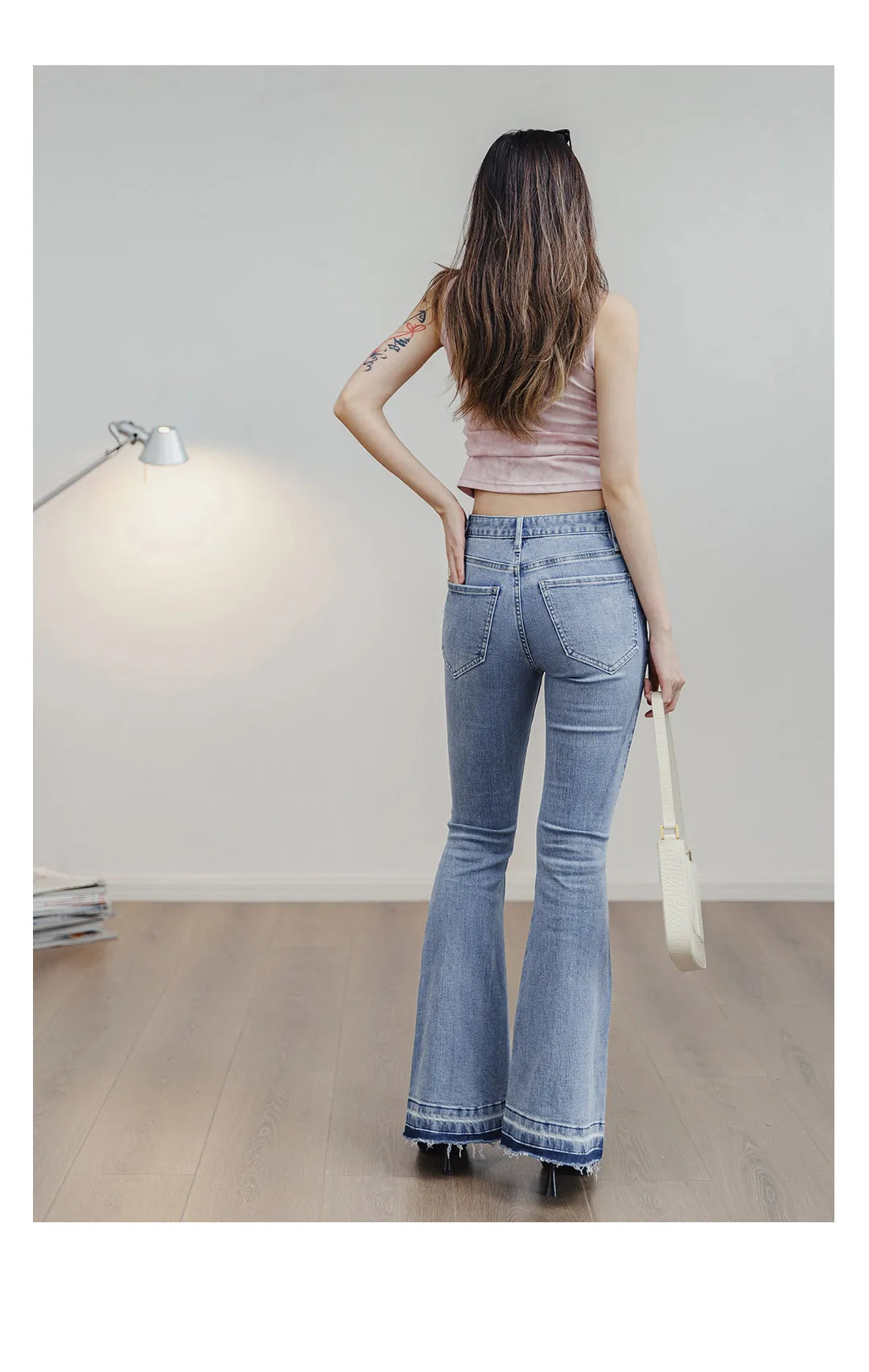 Women's Ripped Bell-Bottom Flare Jeans | 9oz Cotton Denim | Vintage High Street | Light Blue