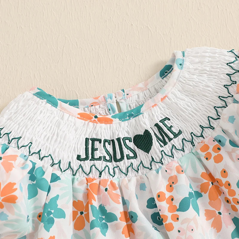 Baby Girls Floral Letter Embroidery Romper - Smocked Short Sleeve Playsuit (0-12M)