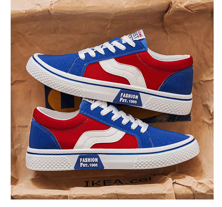 Red, blue, and white sneakers on a brown cardboard background