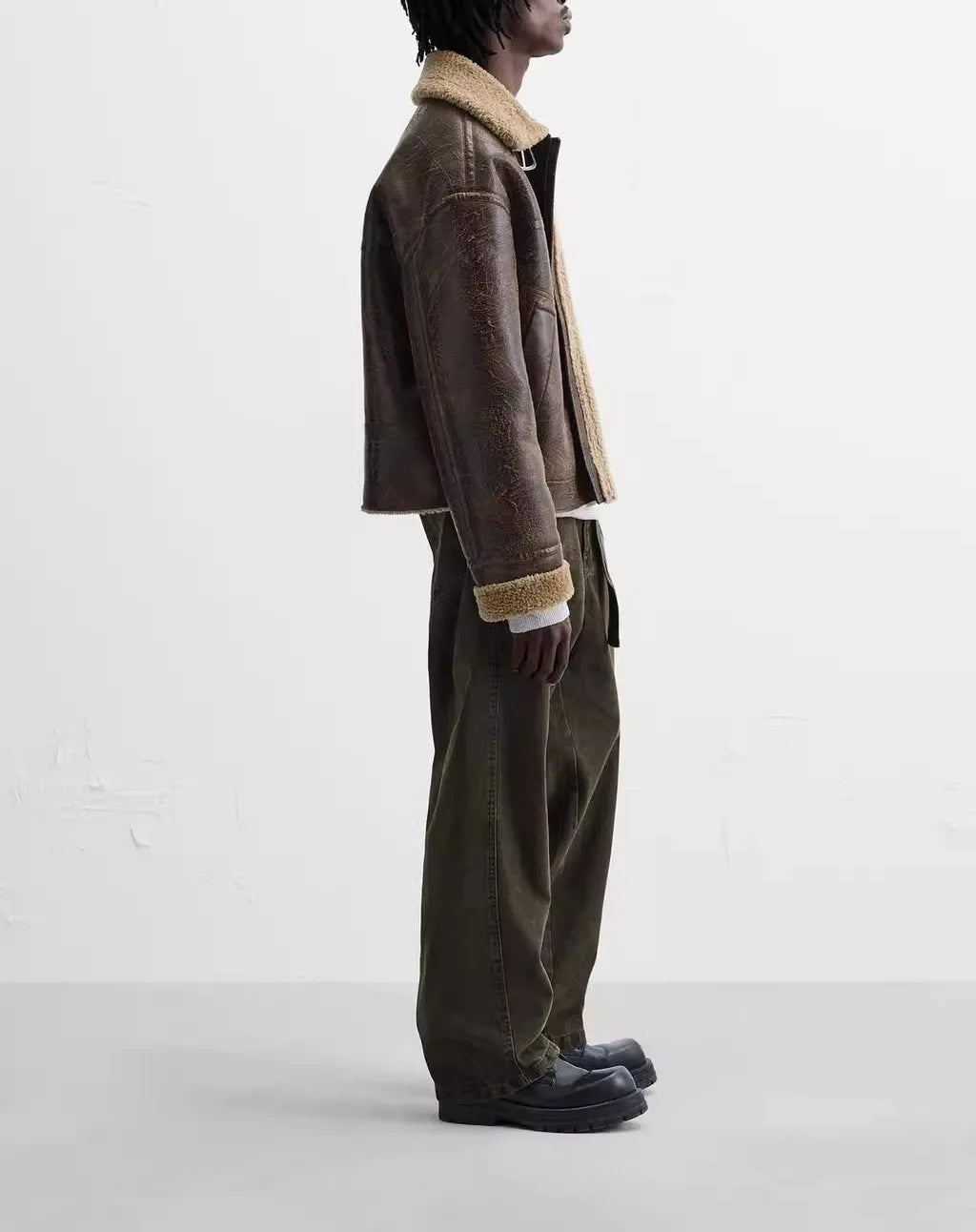 Men's Winter Lapel-Neck Jacket - Double-Sided Lamb Wool with Suede Piping