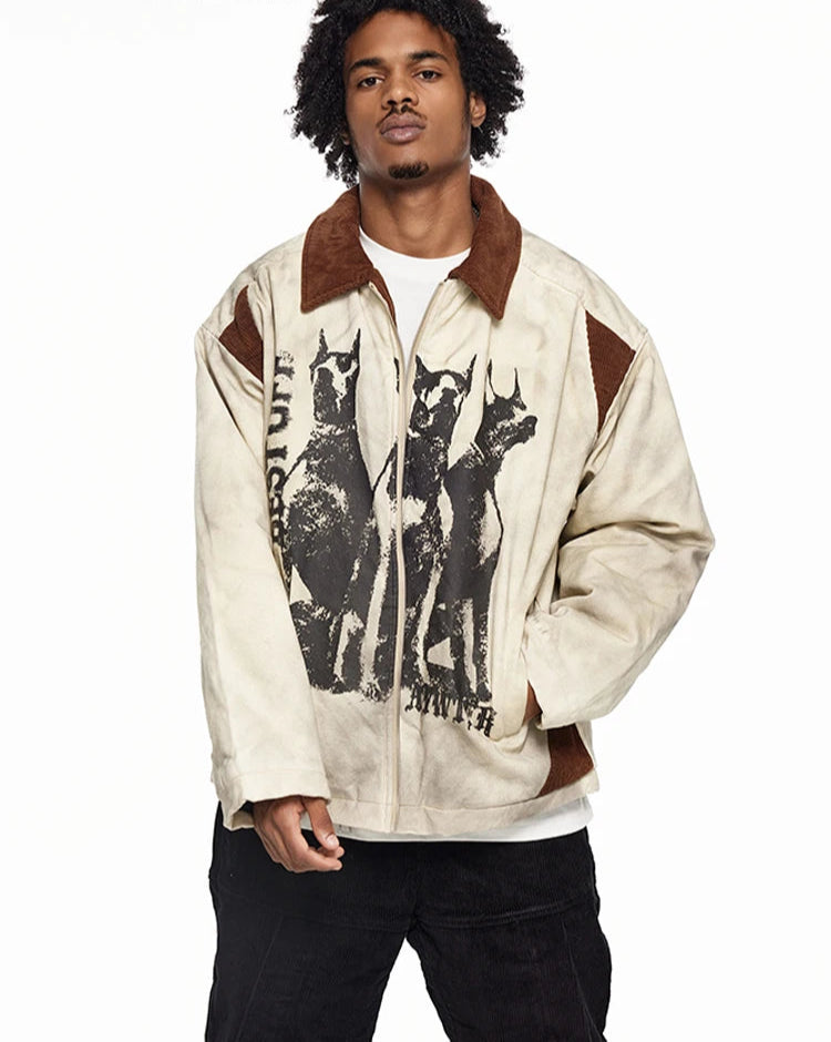 Men's Dog Head Graffiti Print Lapel Jacket Distressed Winter Jacket