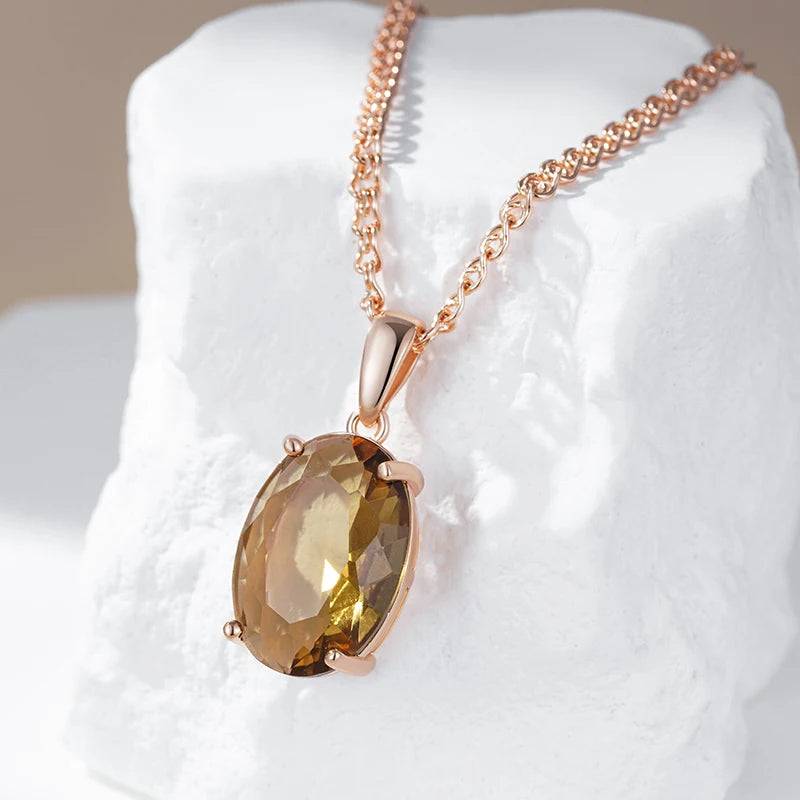 Women's Oval Brown Crystal Pendant Necklace 585 Rose Gold Colour With Natural Zircon