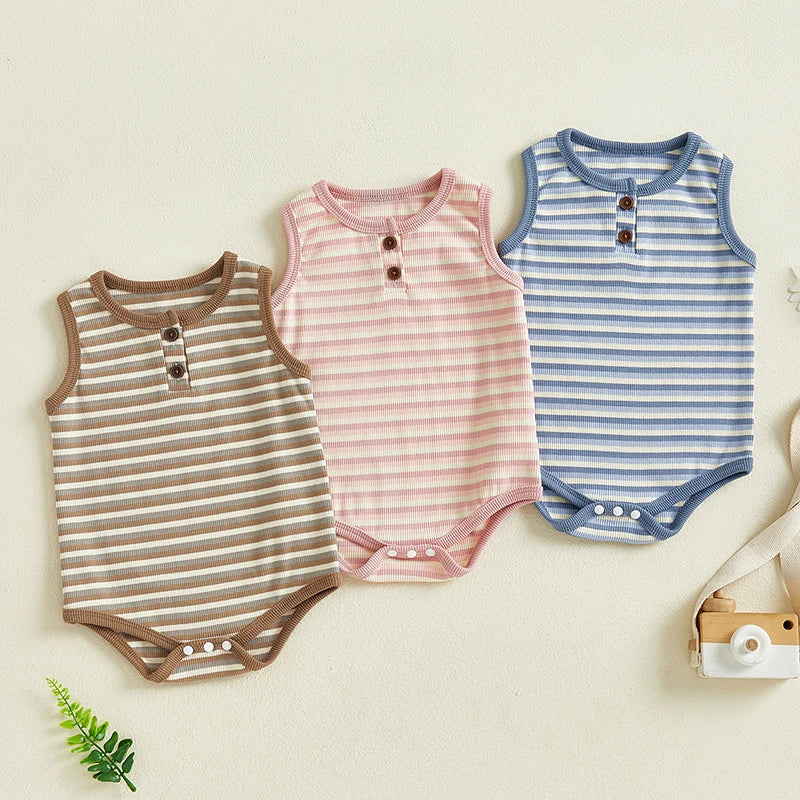 0-18M Baby Girls Boys Rompers Stripe Print Sleeveless Buttons Round Neck Summer Bodysuits Jumpsuit