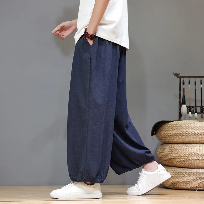 Men's Summer Wide Leg Pants Casual  Breathable Loose Ankle Length  Harem Trousers
