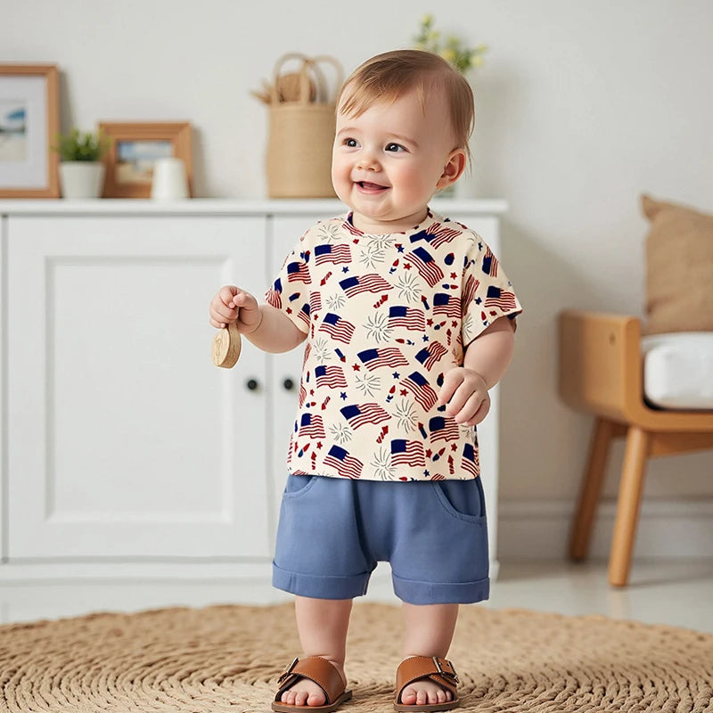 0-3Y Infant Baby Boys American Flag Clothes Sets Short Sleeve Flag Print T Shirts Drawstring Shorts Set