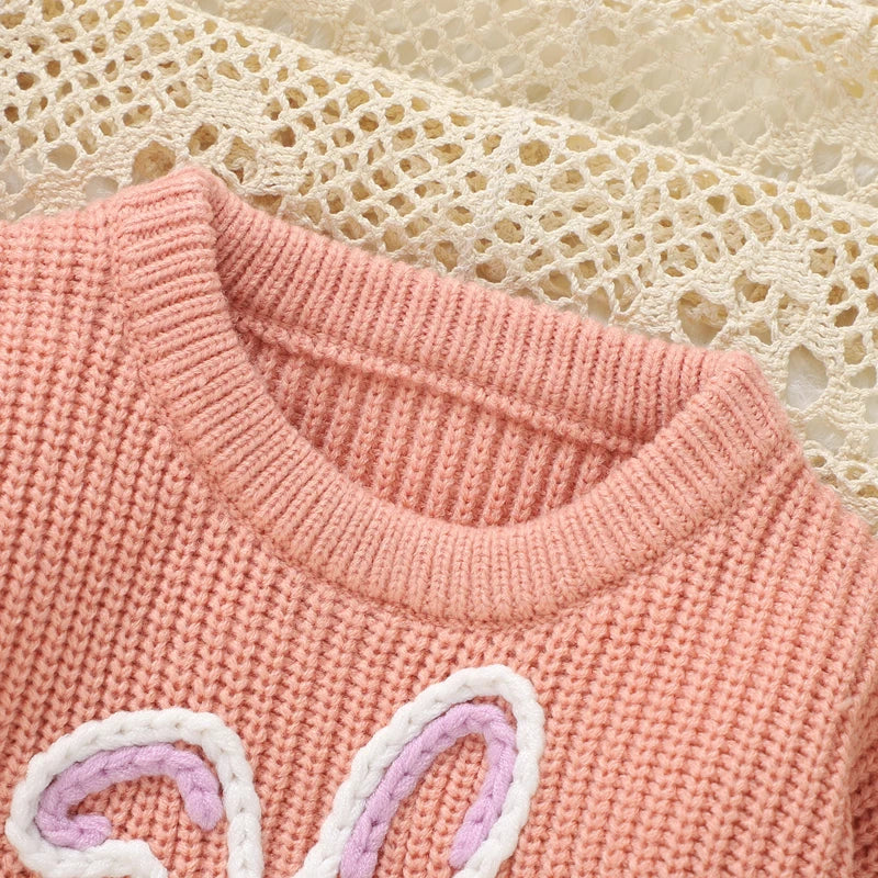 0-3Y Baby Girls Easter Sweater Rabbit Embroidery Long Sleeve Crew Neck Knitwear Pullover Outwear