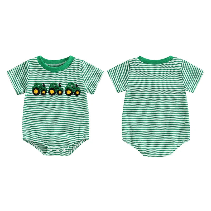 Baby Waffle Truck Embroidery Romper - Stripe Print Summer Jumpsuit (0-18M)