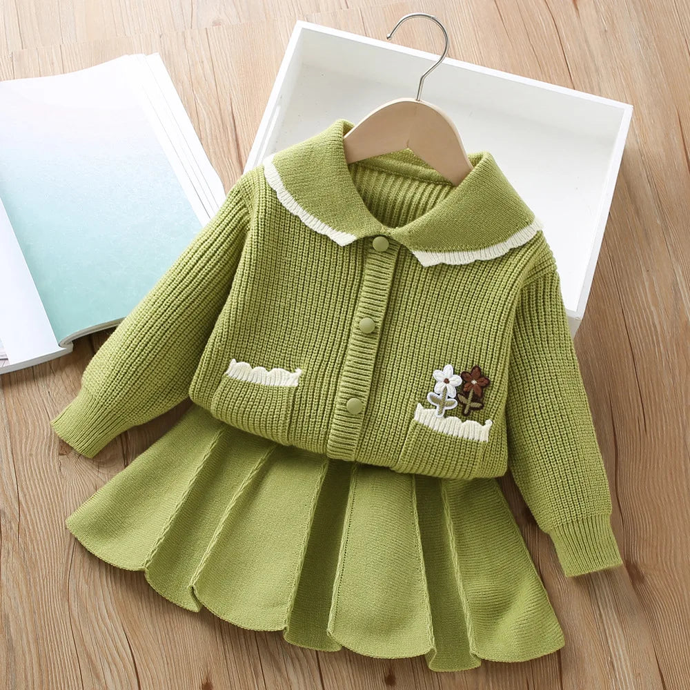Girl's Clothes Collar Embroidery Flower Knit Cardigan Sweater and Short Skirt Two-piece Set