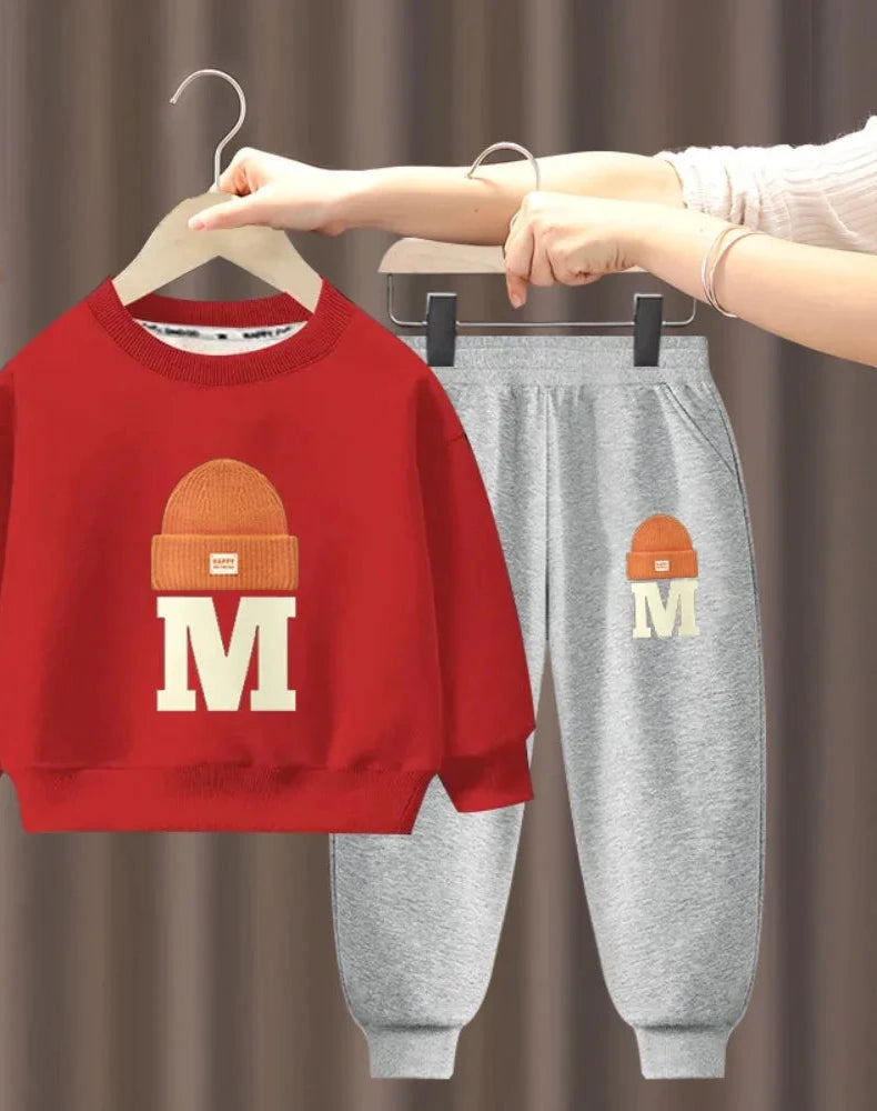 Children's Plush Letter Sweater Long sleeved Pants Two Piece Set