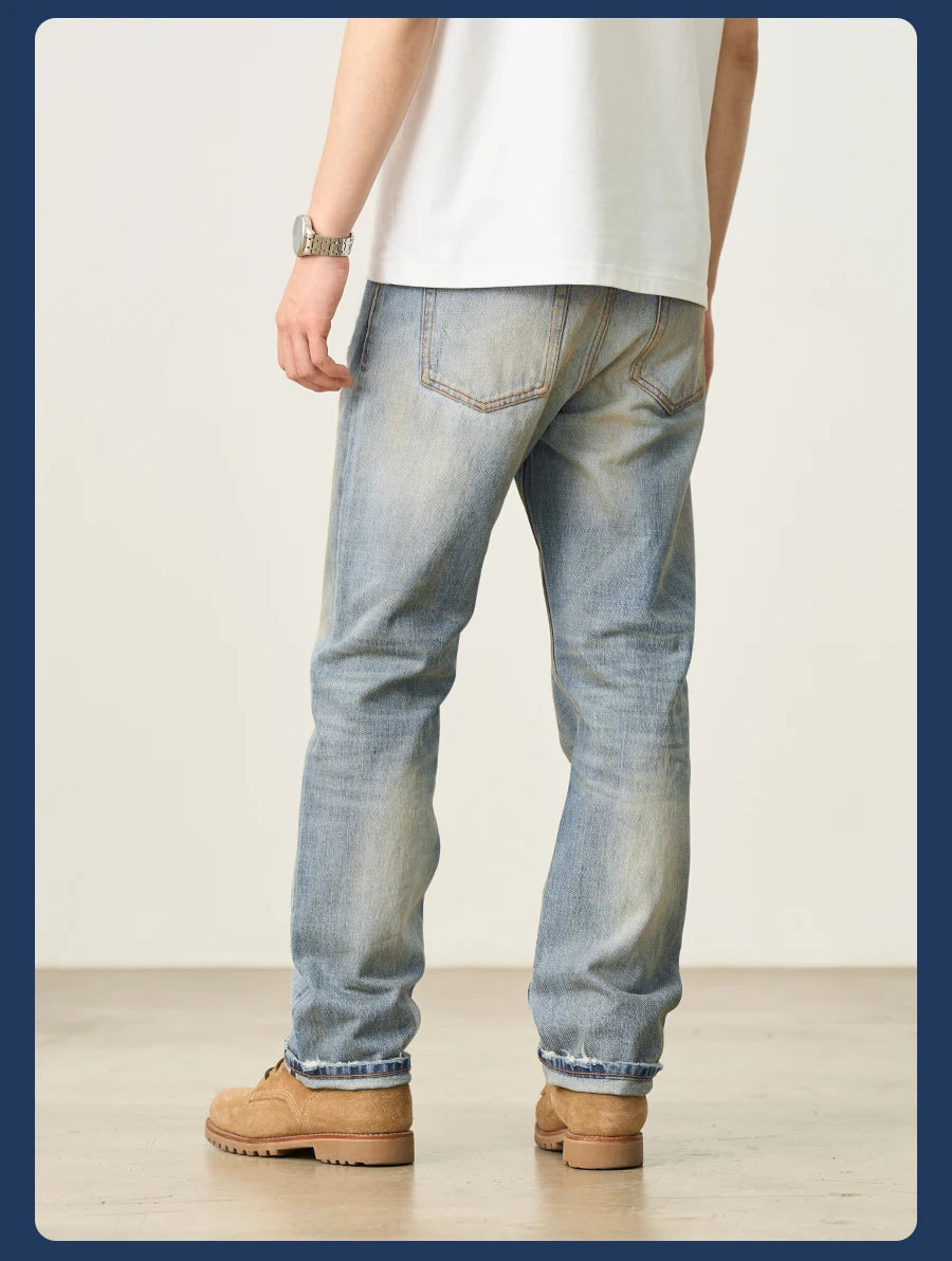 Men's Premium Selvedge Denim Jeans - 14.3oz Cotton Loose Straight Patchwork