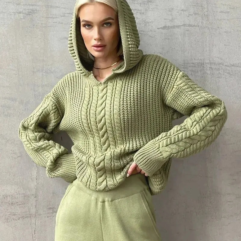 Women's Knitted Hoodie Loose Long Sleeve Pullover Sweater