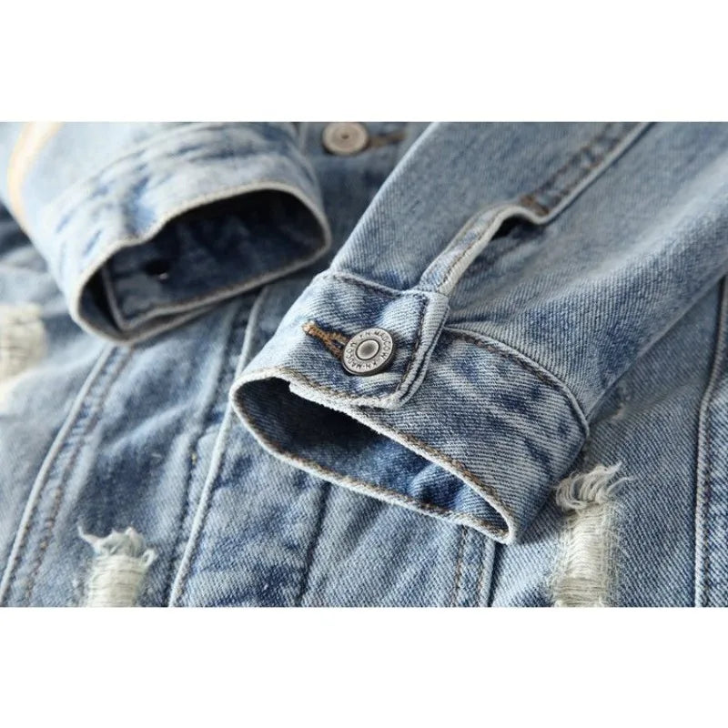 Men's Embroidered Denim Jacket - Retro Ripped Street Style