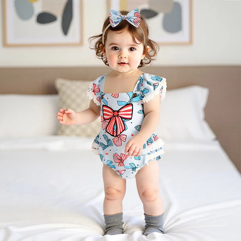 2pcs Baby Girls Independence Days Romper 0-18M Lace Flutter Sleeve Bow Embroidery Layered Hem Jumpsuit Headband