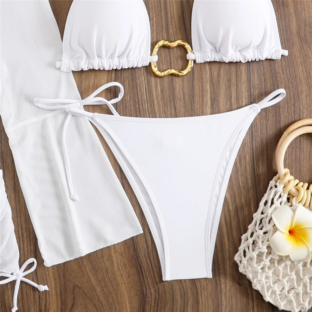 Women's Long Sleeve Cover Up Skirt Halter Bikini Swimsuit Swimwear Four-pieces Bikini Set