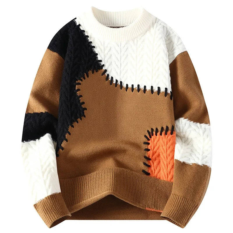 Men's Patchwork Knit Pullover Loose Knitted Round Neck Sweater