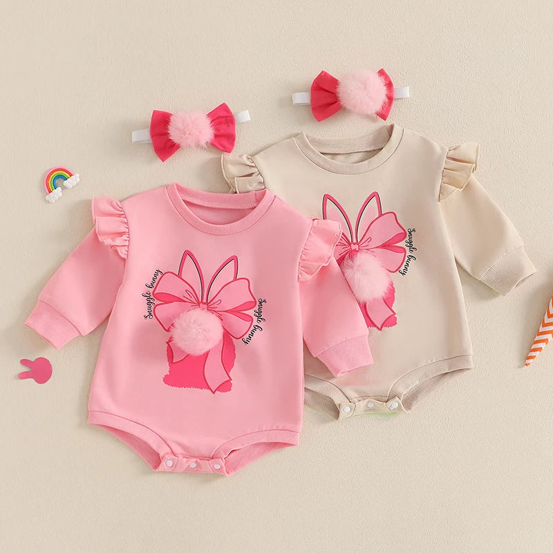 0-24M Baby Girls Easter Spring Romper Long Sleeve Rabbit Bow Print Jumpsuits with Headband