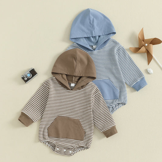 Newborn Baby Boys Fall Romper - Long Sleeve Hooded Stripe Bodysuit with Front Pocket (0-18M)