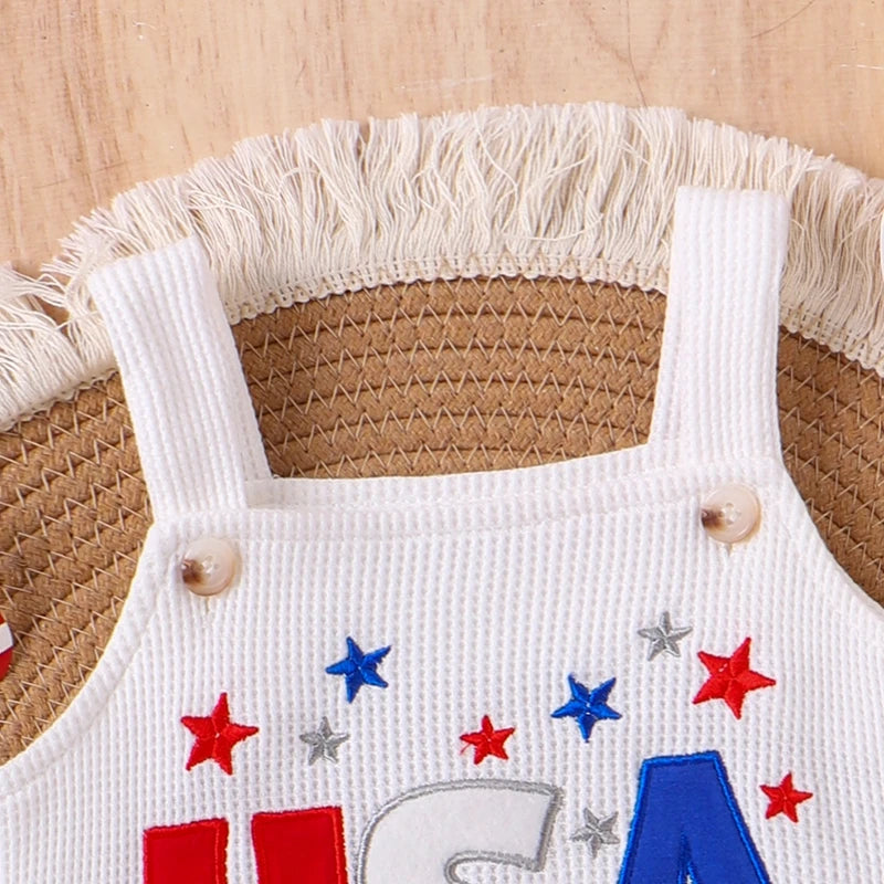 0-18M Baby Waffle Romper Sleeveless Letter Star Embroidery Square Neck USA Print Jumpsuits