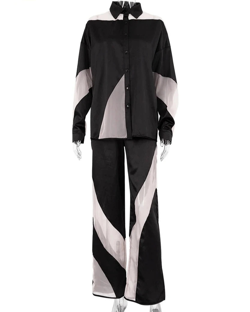 Women's  Loose Spliced High Waist Trousers and  Long Sleeve Shirts 2 Piece Set Outfit