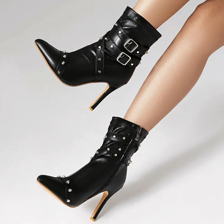 Women's Rivet Belt Buckle 10cm High Heel Short Pointed Side Zipper Leather Ankle Boots