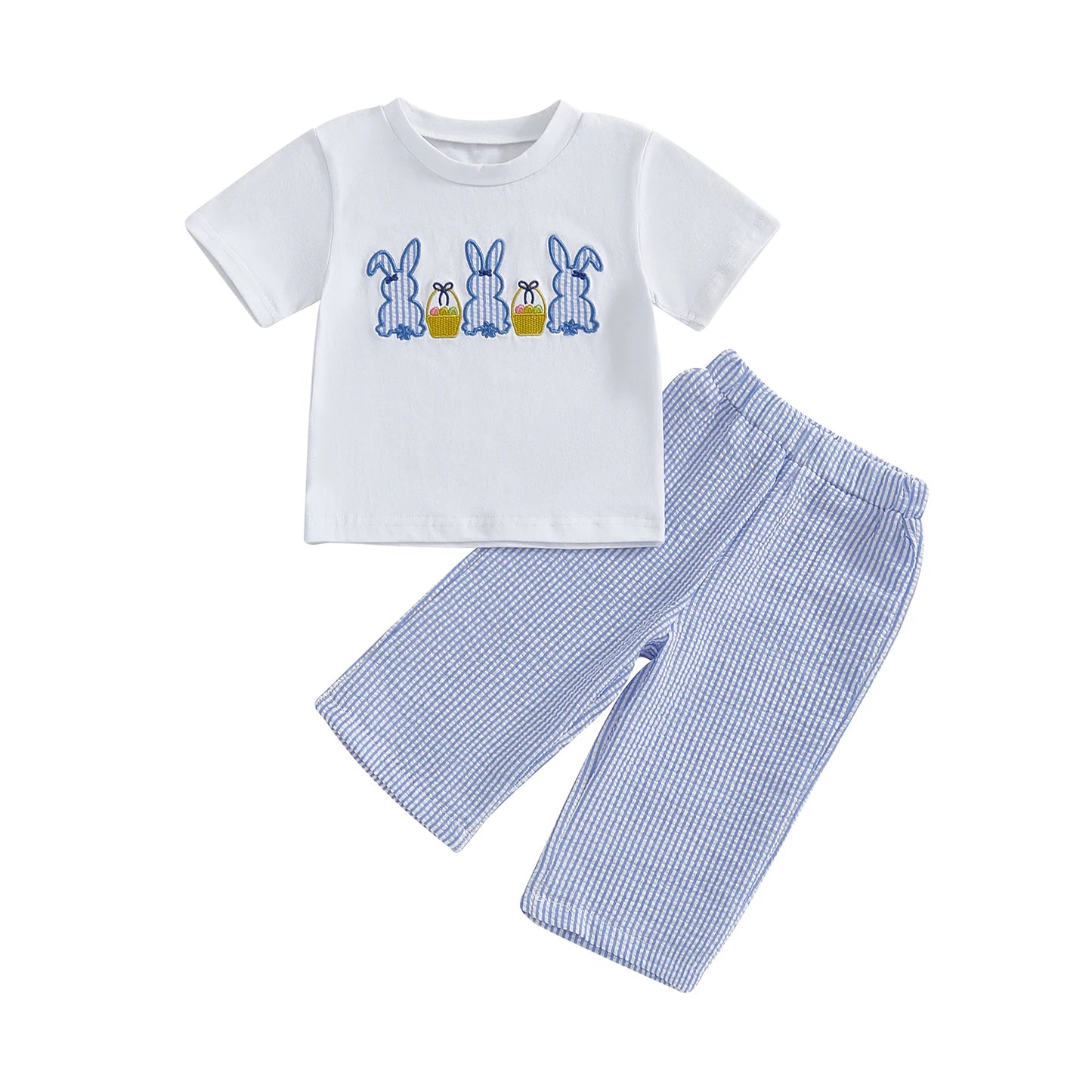 0-4Y Toddler Kids Boys Easter Clothes Sets Short Sleeve Rabbit Embroidery T Shirts Plaid/Striped Pants Set
