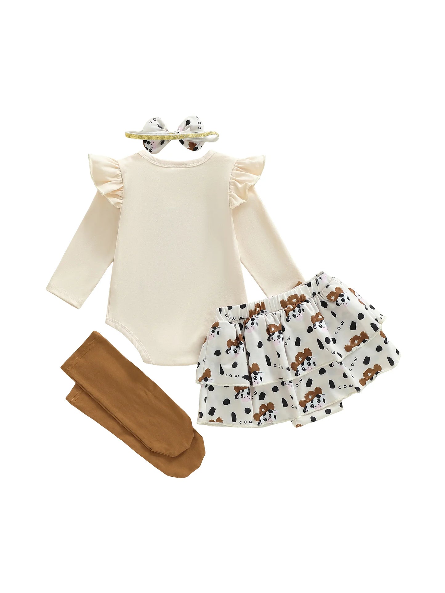 Newborn Baby Girls Boys Outfit Set - Cow Embroidery Romper with Skirt & Accessories 0-12M