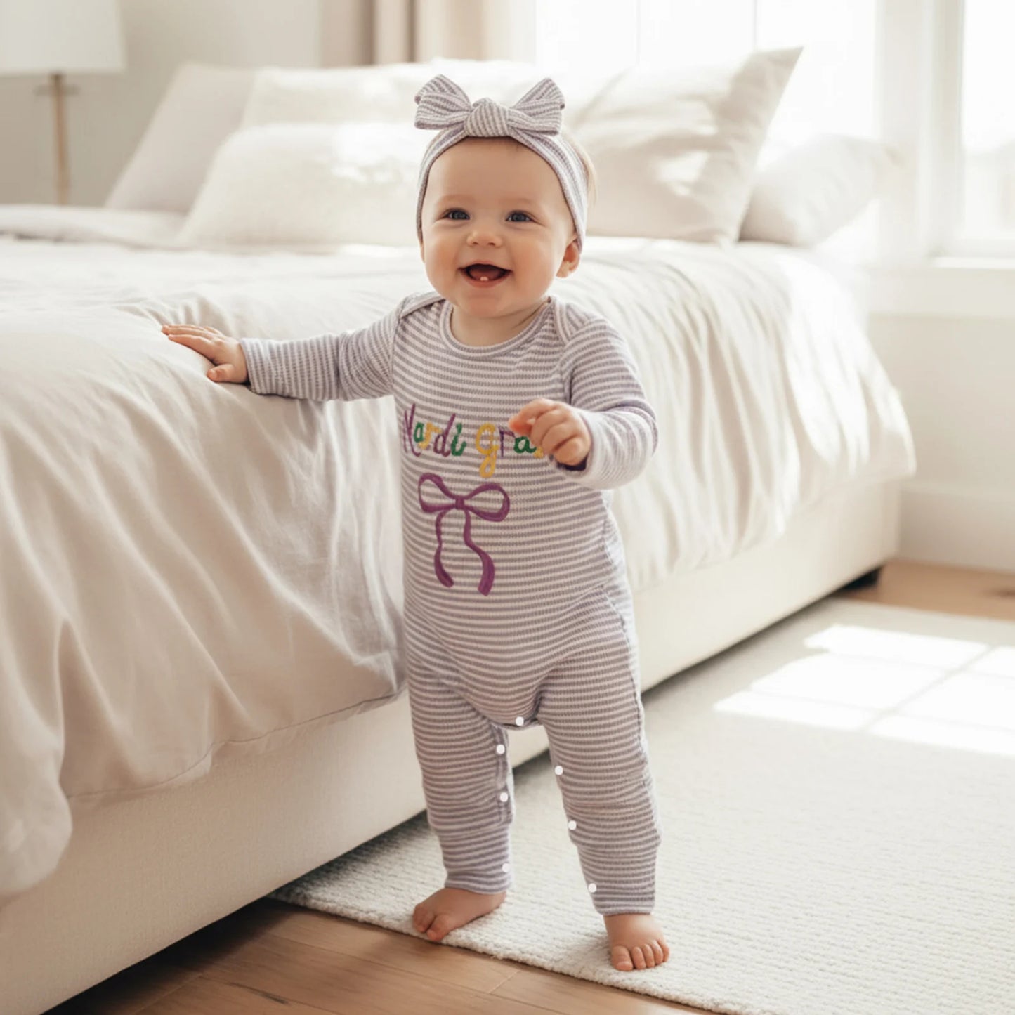 Newborn Baby Romper with Headband - Bow Letter Embroidery Stripe Long Sleeve Jumpsuit