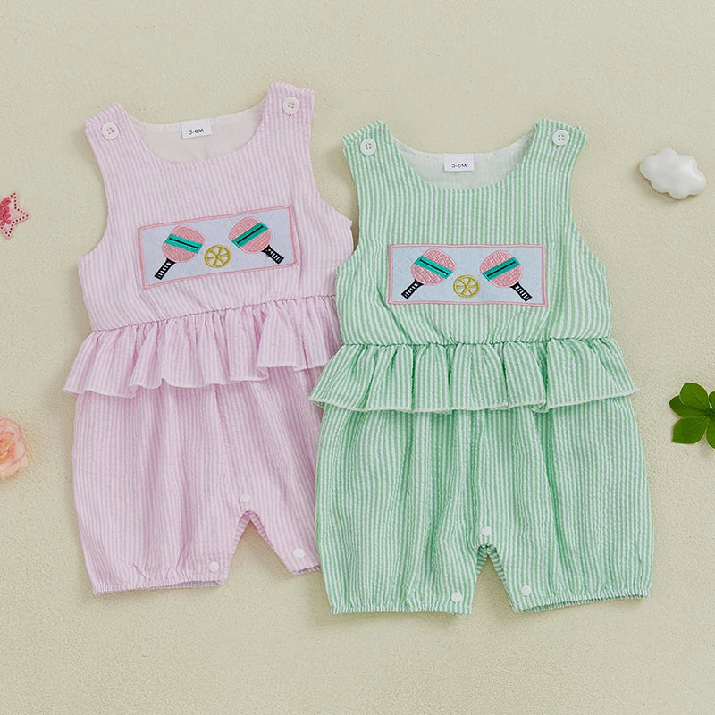 Striped Sleeveless Romper with Cartoon Embroidery - Baby & Toddler