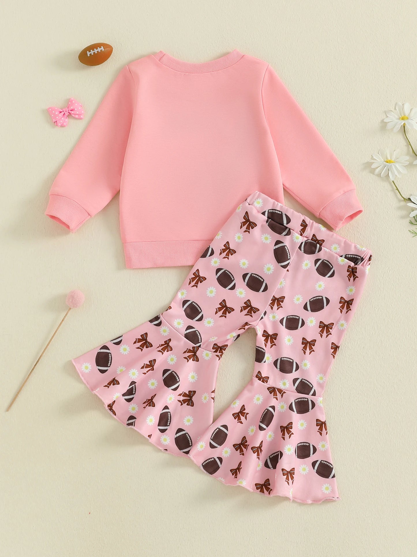 Girls Bow Embroidery Outfit Set - Long Sleeve Letter Pullover Sweatshirt & Football Flare Pants (0-4Y)