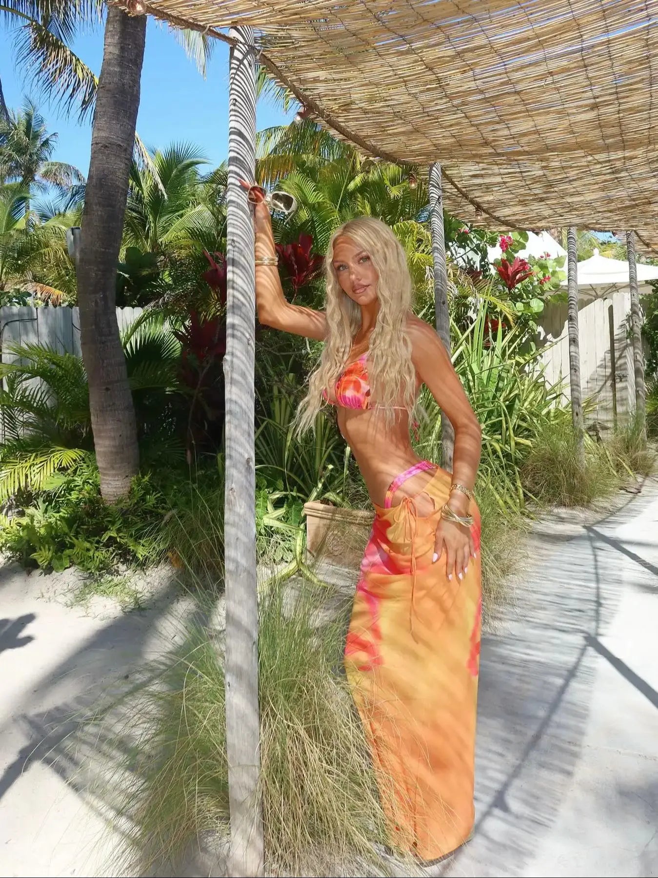 3-Piece Print Bikini Set with V-Neck Skirt Cover-Up