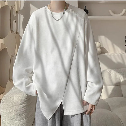 Men's Patchwork Long Sleeve T-Shirt - Round-Neck Casual Streetwear Tee