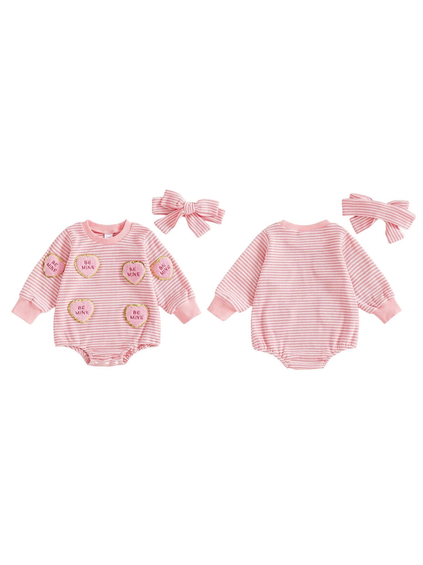 Baby Valentine's Day Romper Set - Striped Heart Embroidery with Headband
