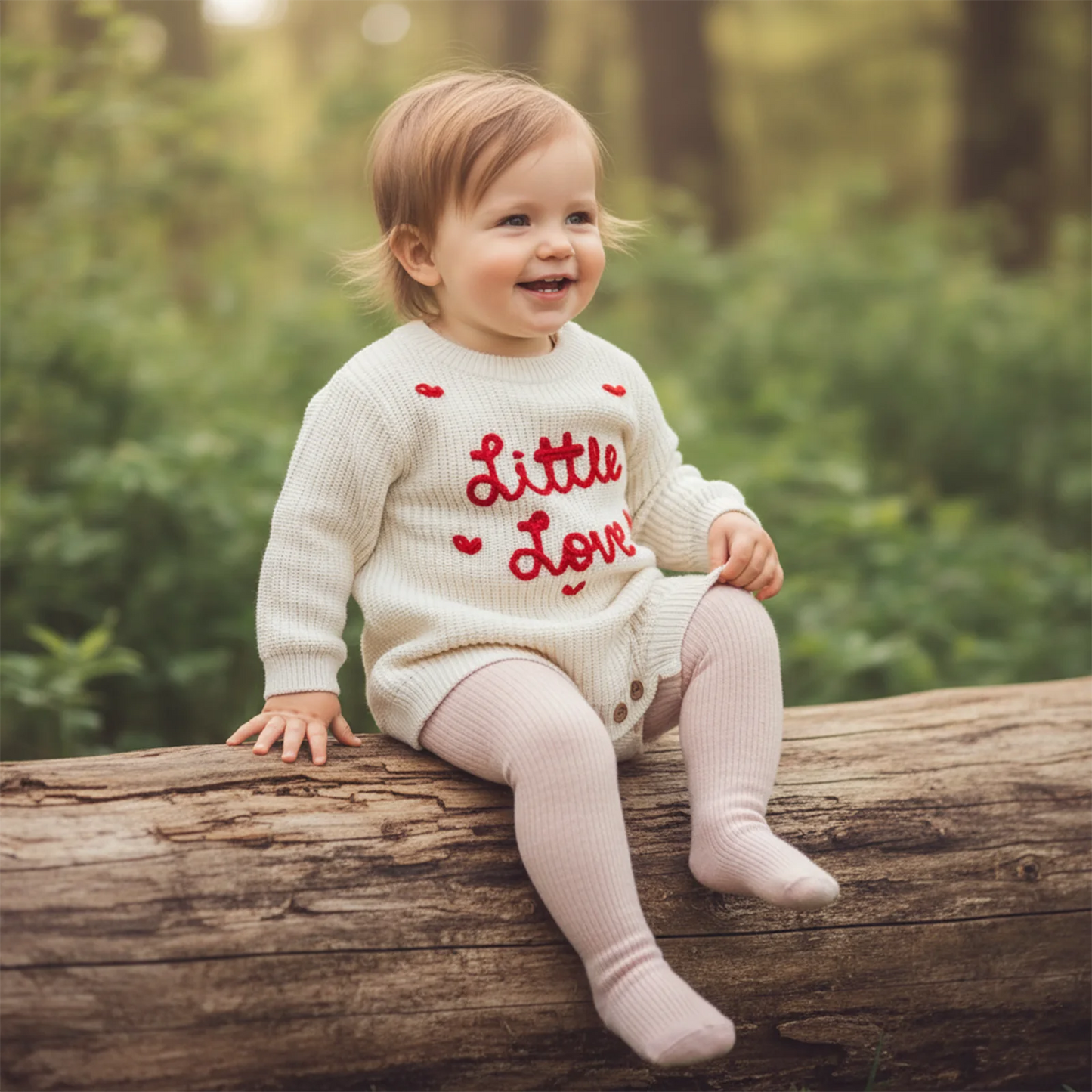 Valentine's Day Baby Knit Romper - Long Sleeve Heart Embroidery Jumpsuit
