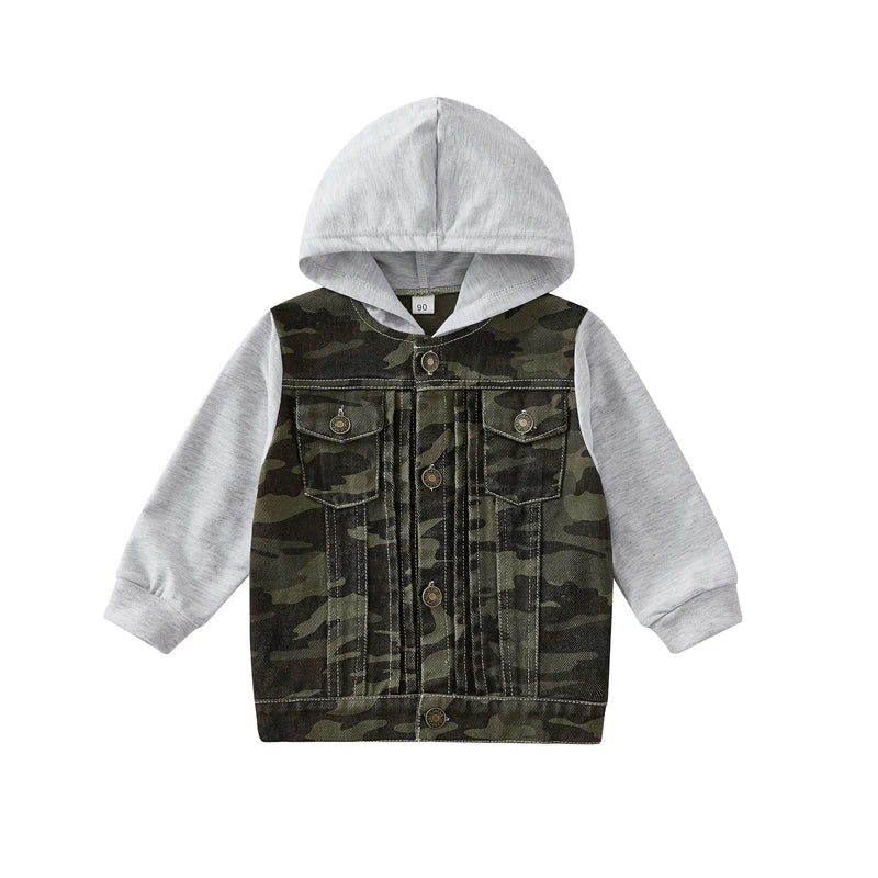 1-6Y  Kids Boys Autumn Jacket Outwear  Denim Solid /Camouflage Patchwork Hooded Jacket