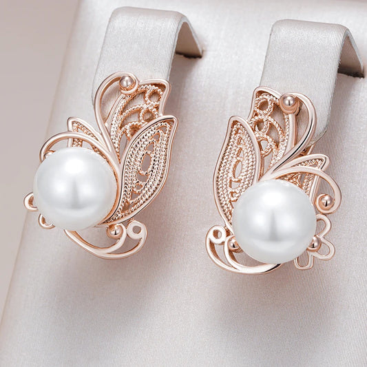 Hollow Flower Pearl Dangle Earrings - Rose Gold Vintage