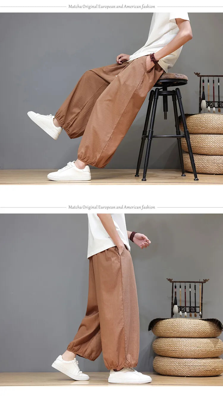 Men's Summer Wide Leg Pants Casual  Breathable Loose Ankle Length  Harem Trousers