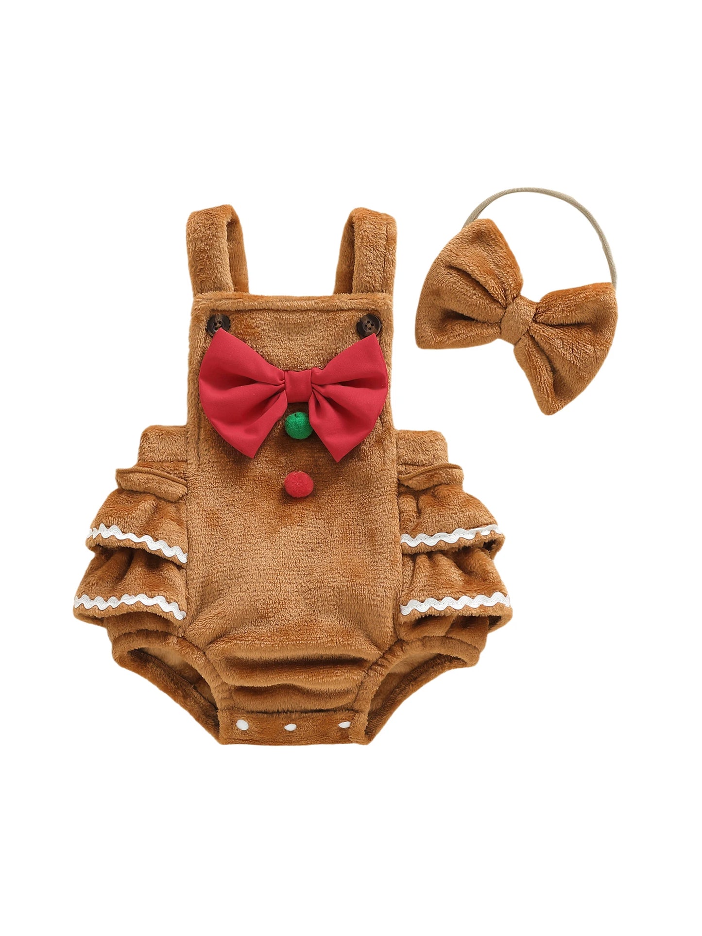 Baby Girls' Christmas Romper Outfit - Gingerbread Man Sleeveless Jumpsuit with Hairband