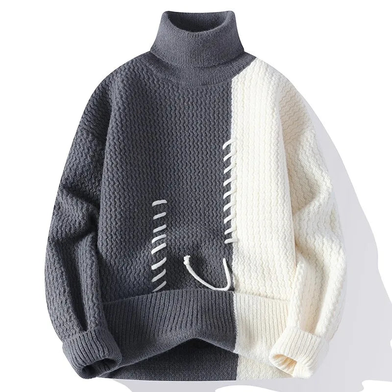 Men's Knitted Turtleneck Sweater - Patchwork Casual Pullover
