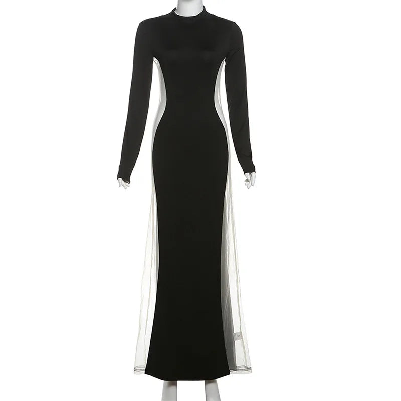 Women's See Through Mesh Splice Maxi High Waist Tight Elastic Long Sleeve Floor-Length Dress