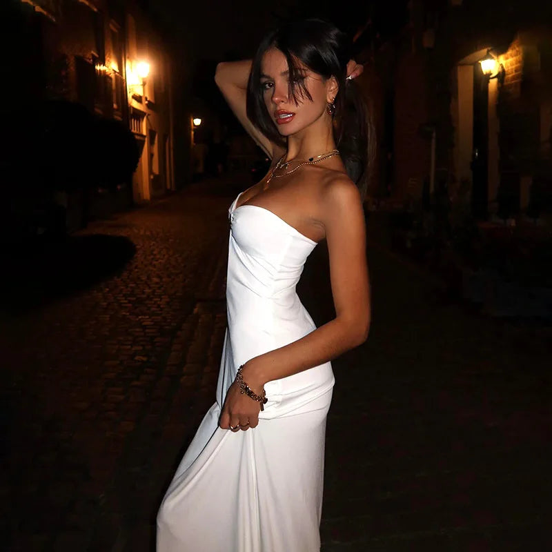 Strapless Elegant White Maxi Dress Outfit - Women Cut Out Long Summer Dress