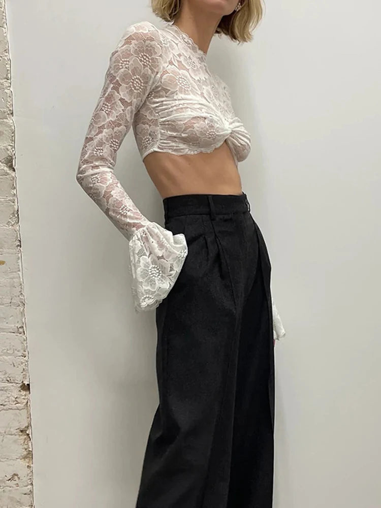 Women's Lace Sheer Flare Sleeve Cropped Top