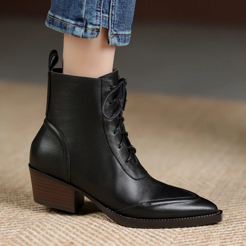 Women's Ankle Lace-up Genuine Leather Thick High Heels  Boots