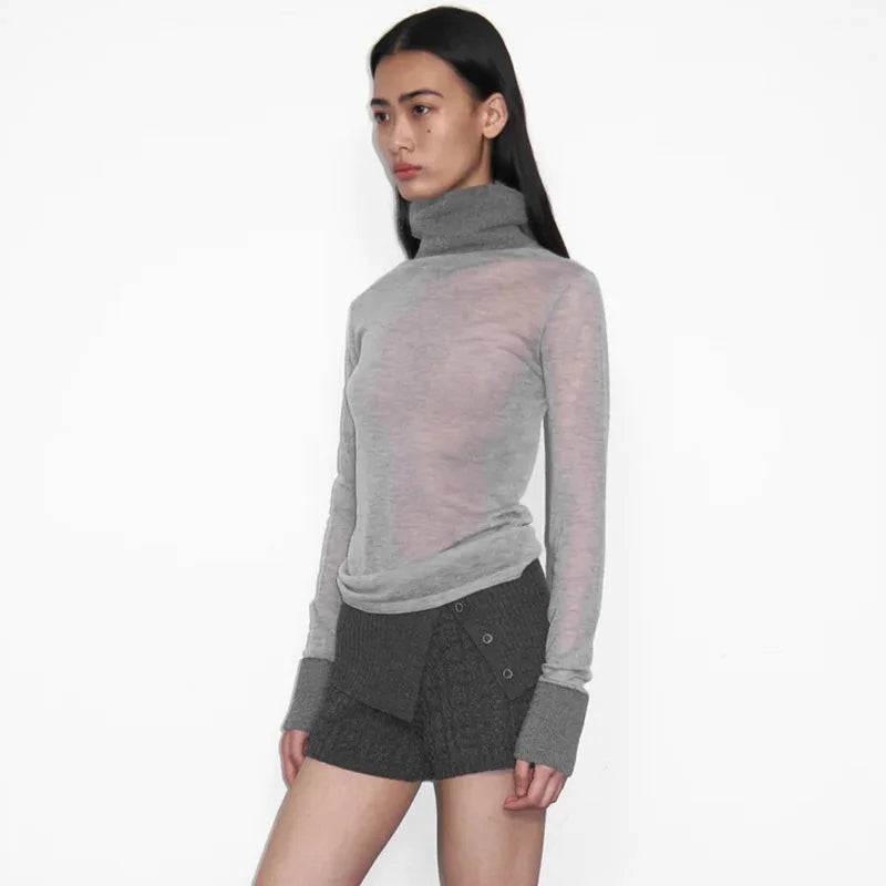 Women's Casual Turtleneck  Splice Slim Bottoming Pullover See Through Long Sleeve T-Shirt